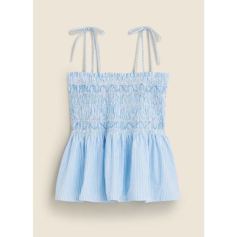 NWT J.Crew Paloma Smocked Peplum Top Blue White Stripe Tie Strap Women’s Size S